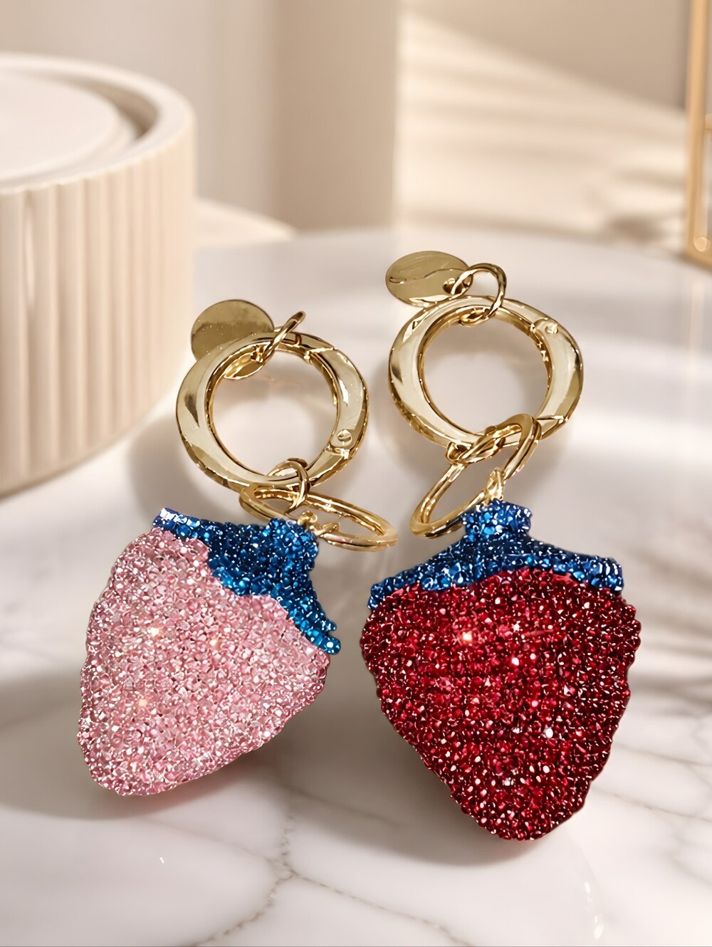 Set Of 2. Sparkling Strawberry Keychain Pair - Red & Pink with Blue Tops